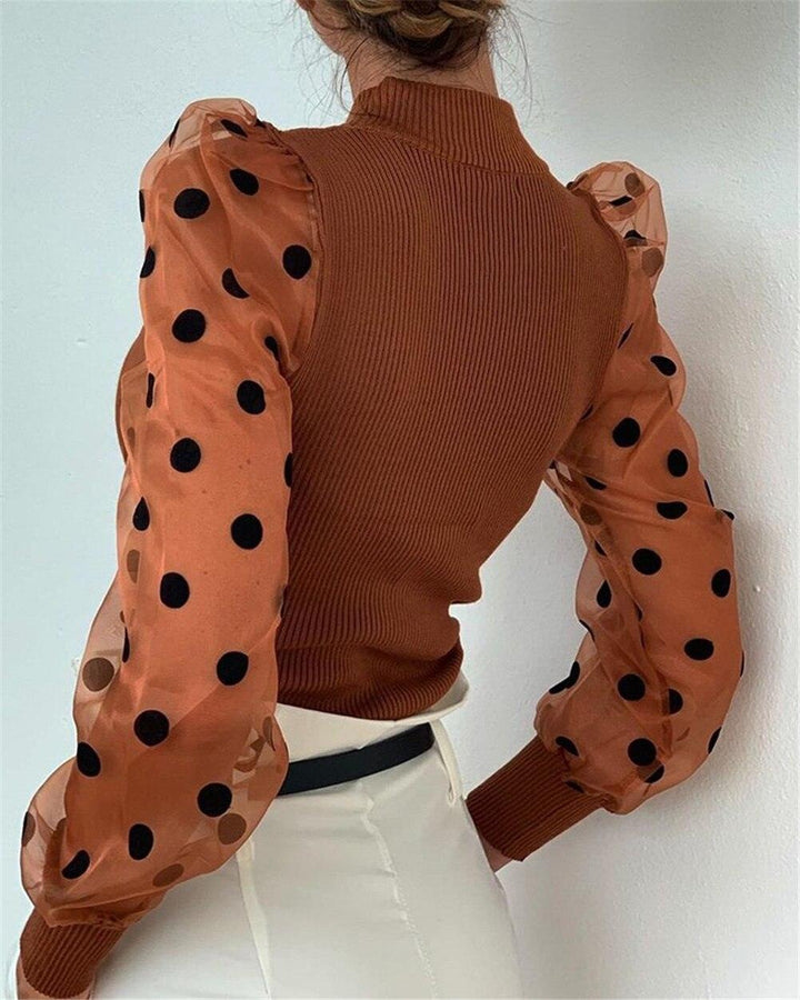 Women’s Blouse Sheer Polka Dot Puff Sleeve | Mock Neck