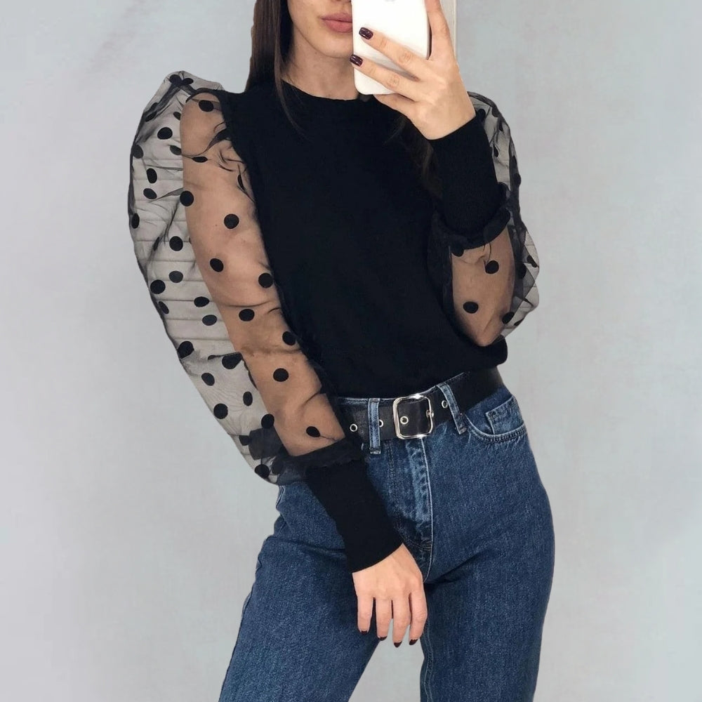 Women’s Blouse Sheer Polka Dot Puff Sleeve | Mock Neck
