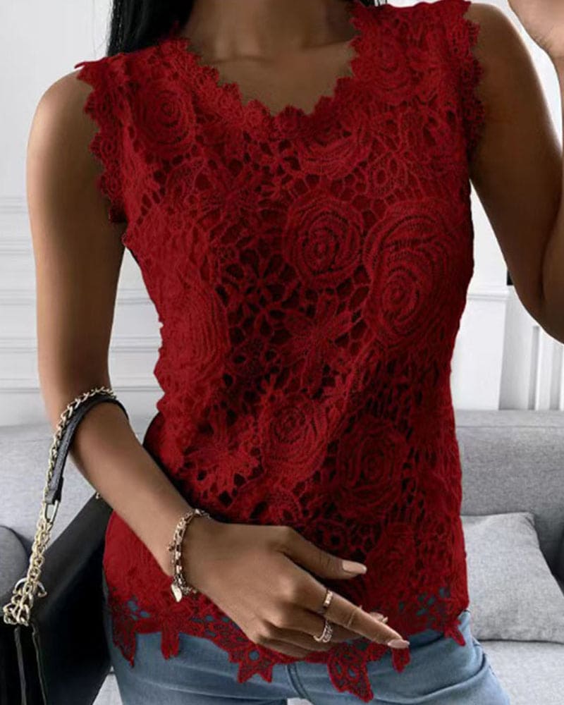Women’s Blouse Sleeveless Round Neck Top | Floral Cutout