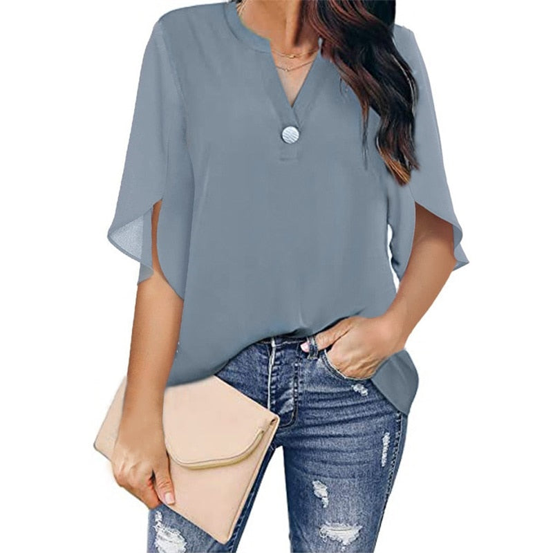 Women’s Blouse V Neck Flutter Sleeve | Loose Fit