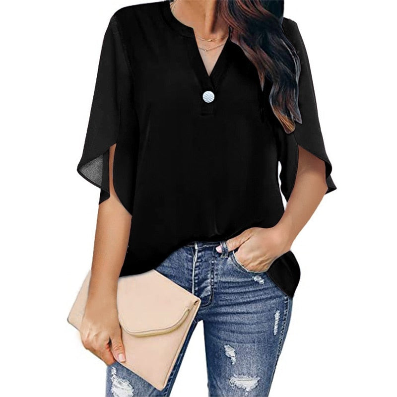 Women’s Blouse V Neck Flutter Sleeve | Loose Fit