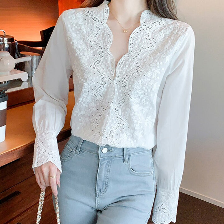 Women’s Blouse with Embroidered Scalloped V Neckline | Long Sleeve