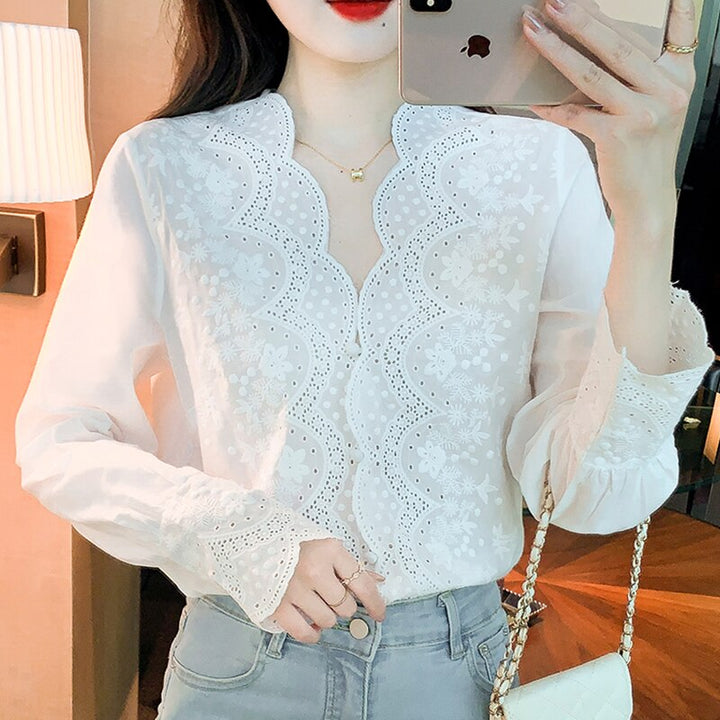 Women’s Blouse with Embroidered Scalloped V Neckline | Long Sleeve