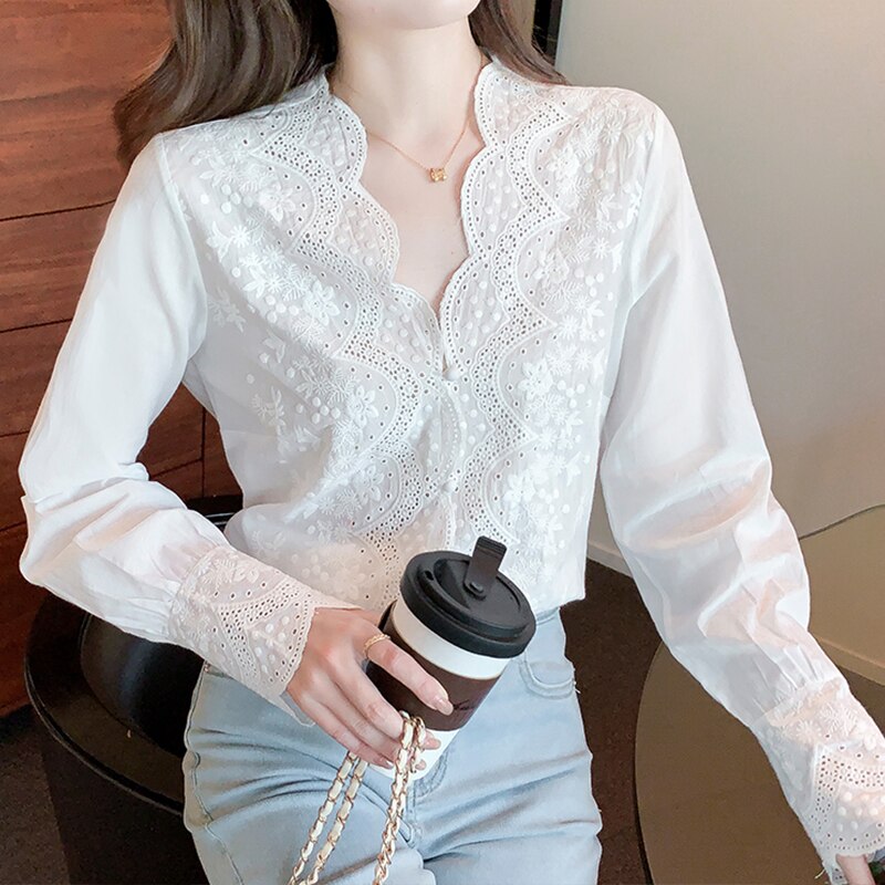 Women’s Blouse with Embroidered Scalloped V Neckline | Long Sleeve