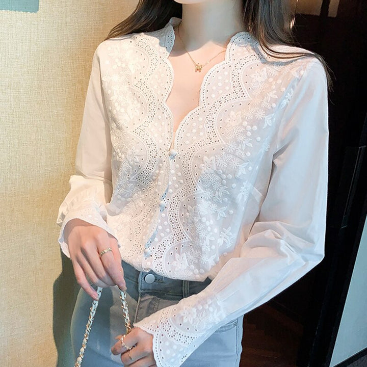 Women’s Blouse with Embroidered Scalloped V Neckline | Long Sleeve