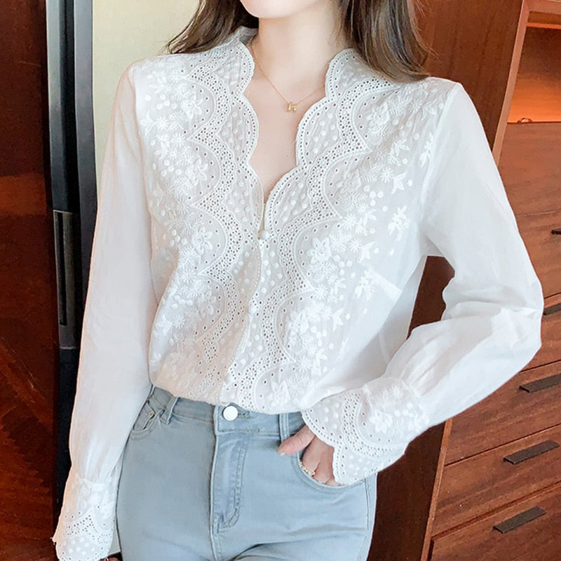 Women’s Blouse with Embroidered Scalloped V Neckline | Long Sleeve