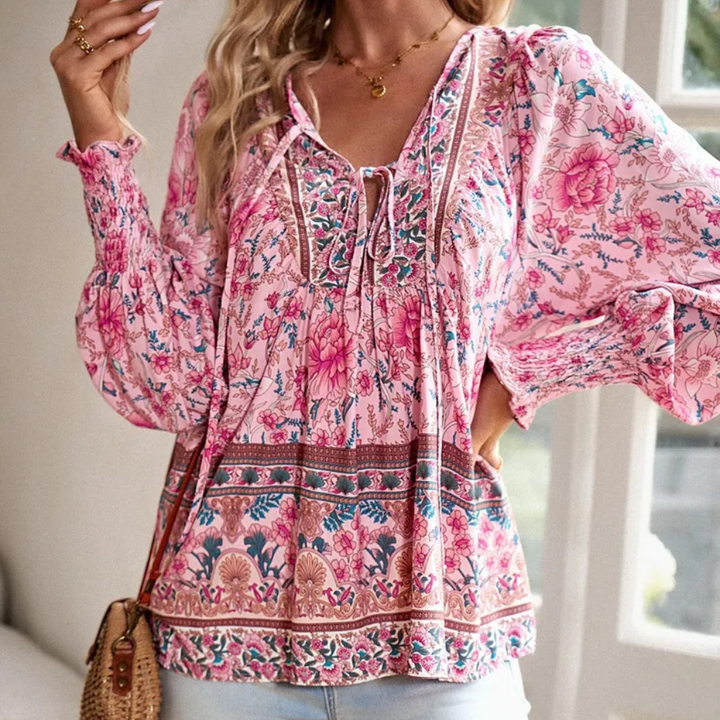 Women's Blouse with Floral Print | Tie Neck
