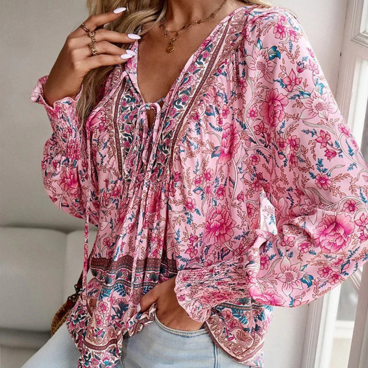 Women's Blouse with Floral Print | Tie Neck