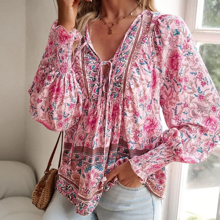 Women's Blouse with Floral Print | Tie Neck