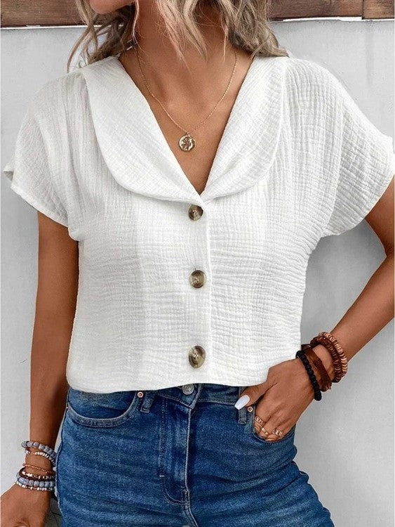 Women’s Blouse with Rounded Collar & Button Front | Short Sleeve