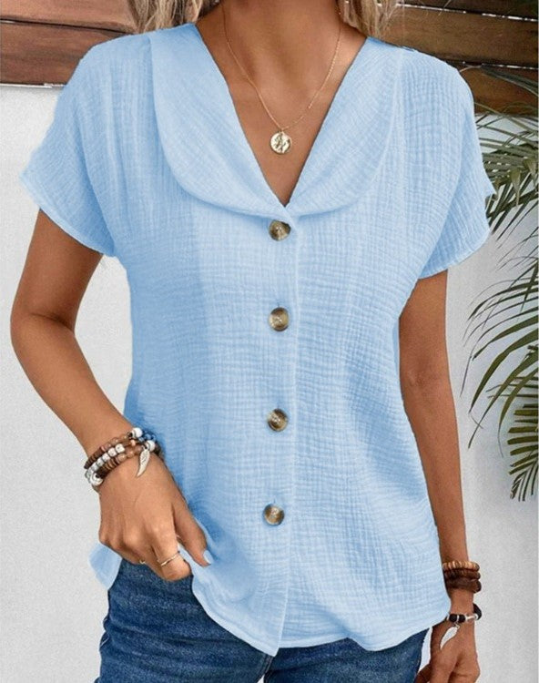 Women’s Blouse with Rounded Collar & Button Front | Short Sleeve