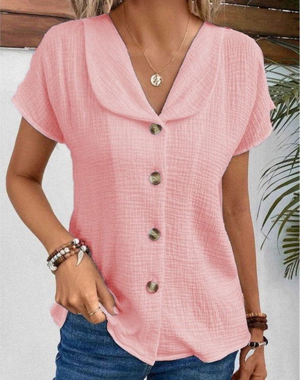Women’s Blouse with Rounded Collar & Button Front | Short Sleeve