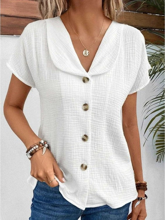 Women’s Blouse with Rounded Collar & Button Front | Short Sleeve