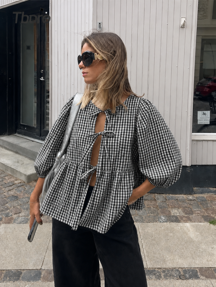 Women's Blouse with Tie Front | Puff Sleeve