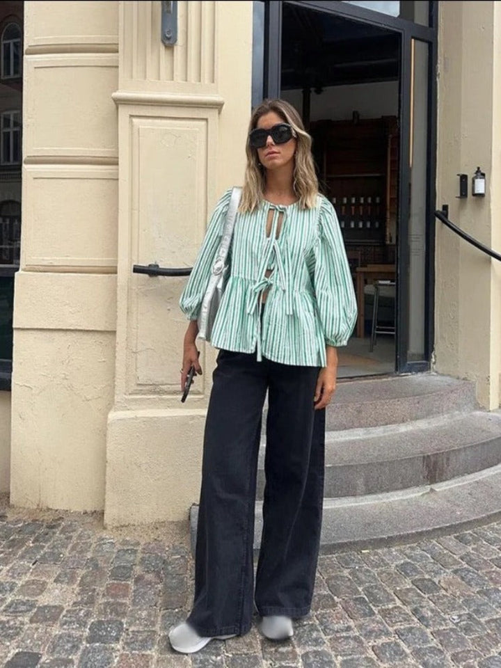 Women's Blouse with Tie Front | Puff Sleeve