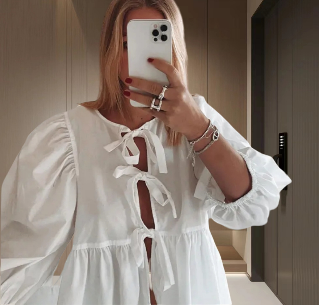 Women's Blouse with Tie Front | Puff Sleeve