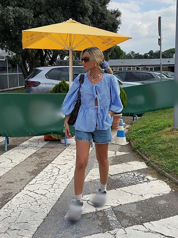 Women's Blouse with Tie Front | Puff Sleeve