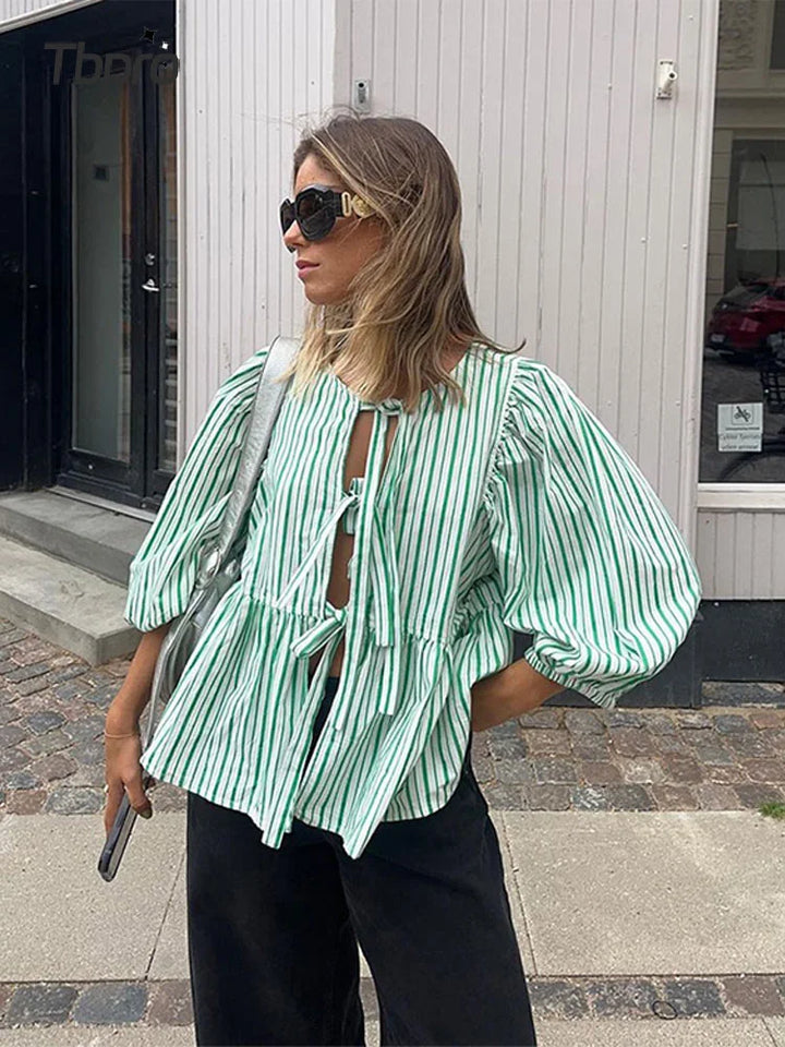Women's Blouse with Tie Front | Puff Sleeve