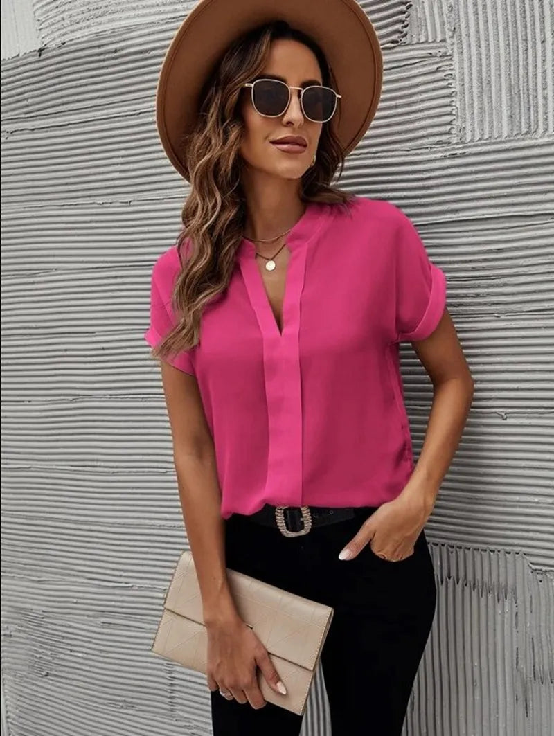 Women’s Blouse with V Neck & Cuffed Short Sleeve | Relaxed Fit