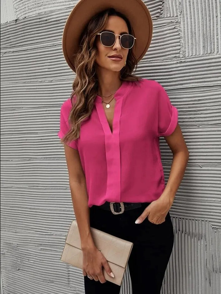 Women’s Blouse with V Neck & Cuffed Short Sleeve | Relaxed Fit