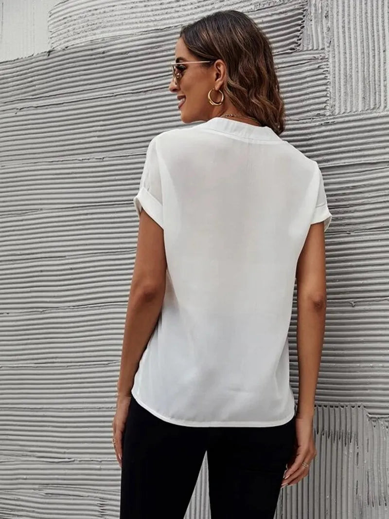 Women’s Blouse with V Neck & Cuffed Short Sleeve | Relaxed Fit