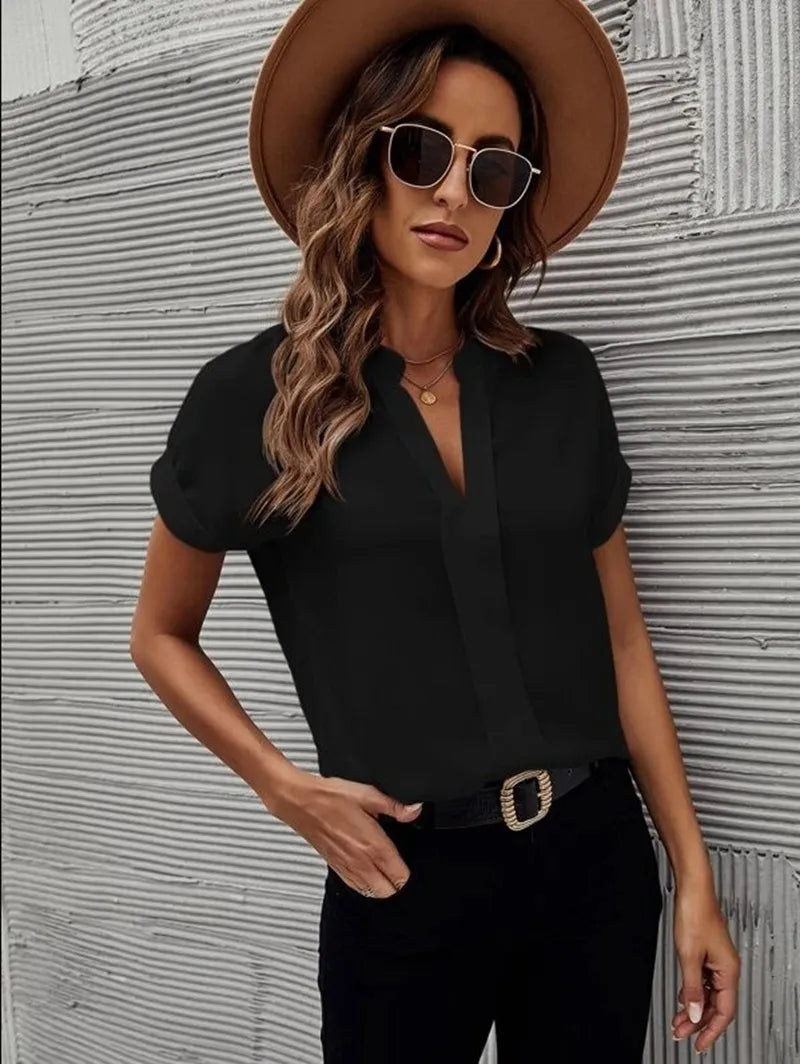 Women’s Blouse with V Neck & Cuffed Short Sleeve | Relaxed Fit