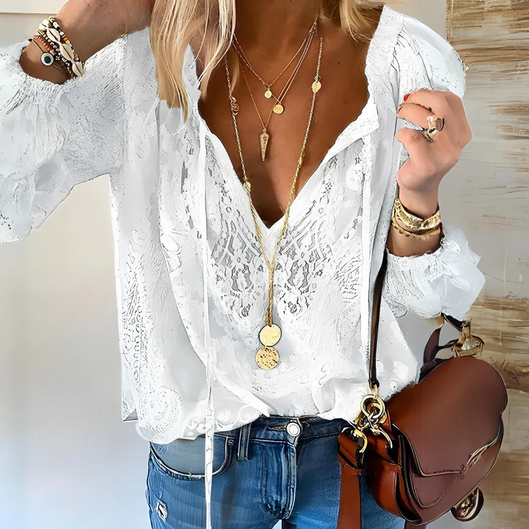 Women's Blouse with V-Neck Tie | Long Sleeve