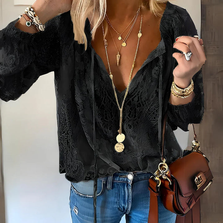 Women's Blouse with V-Neck Tie | Long Sleeve