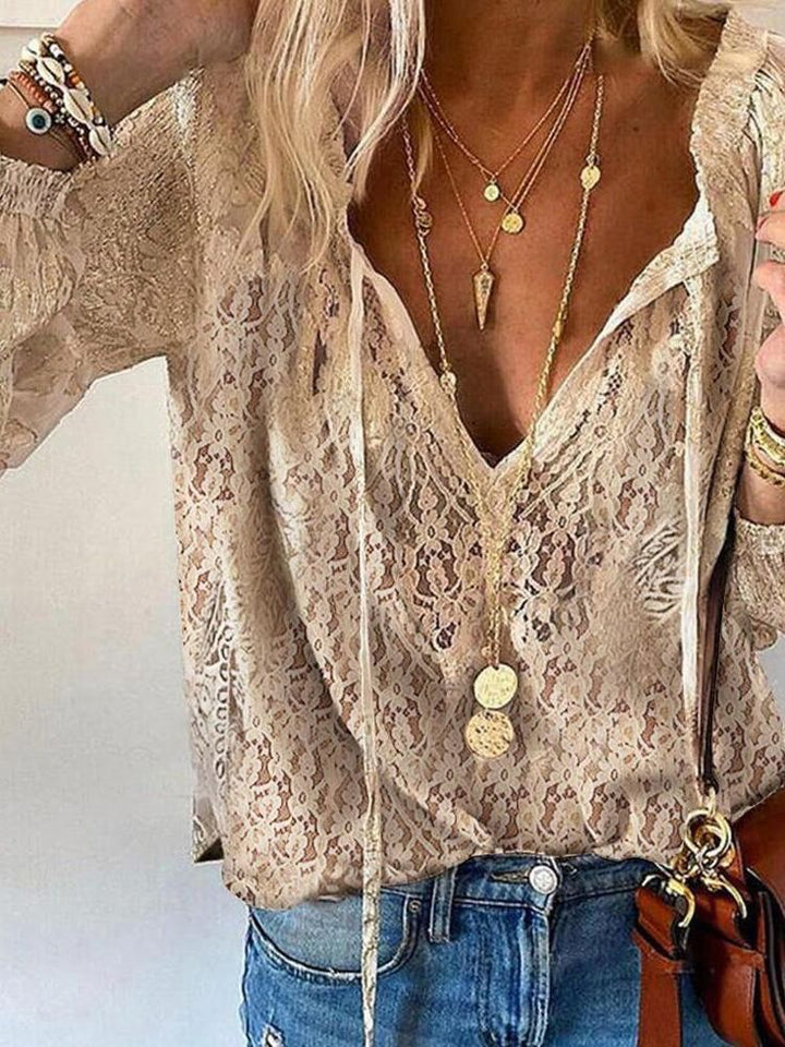 Women's Blouse with V-Neck Tie | Long Sleeve