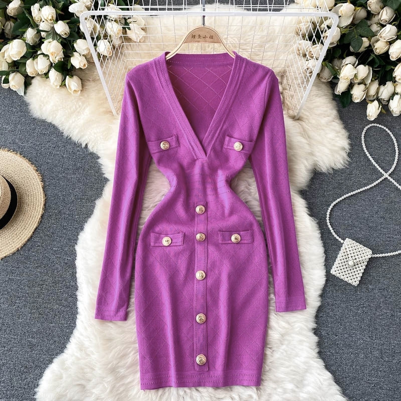Women's Bodycon Dress with V-Neck | Button Front