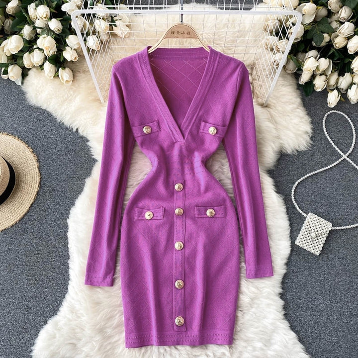 Women's Bodycon Dress with V-Neck | Button Front