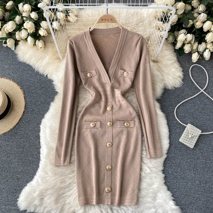 Women's Bodycon Dress with V-Neck | Button Front