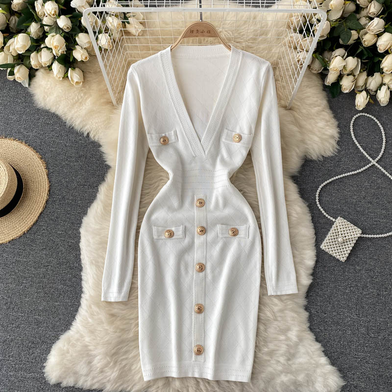 Women's Bodycon Dress with V-Neck | Button Front