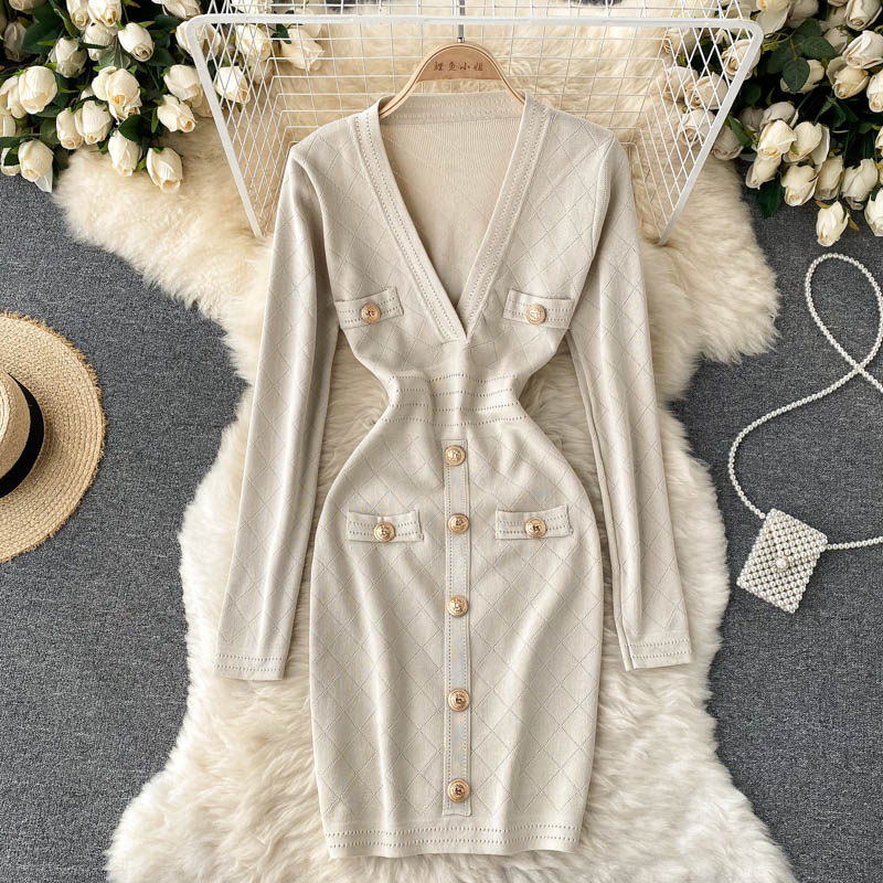 Women's Bodycon Dress with V-Neck | Button Front