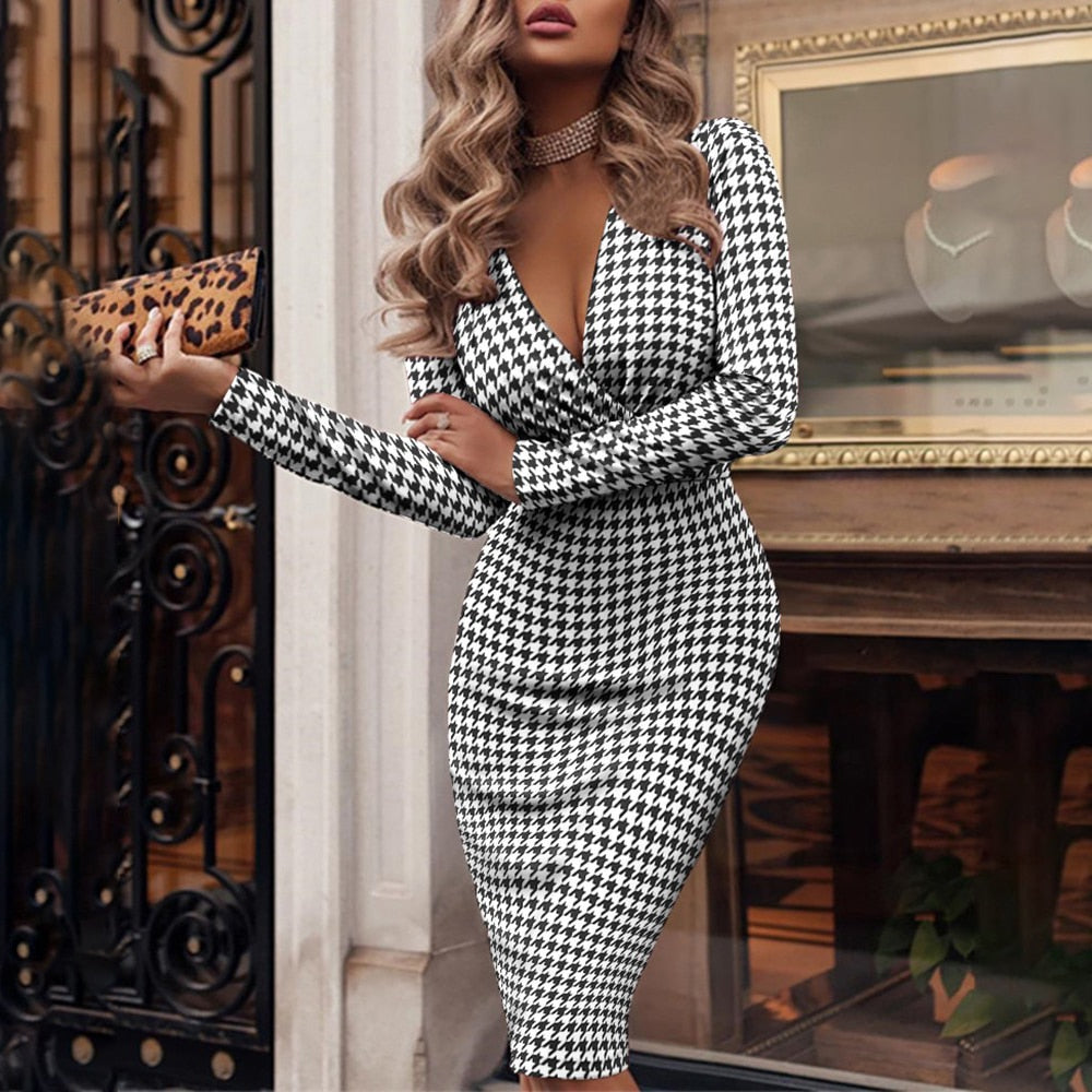 Women's Bodycon Dress with V-Neck | Long Sleeve