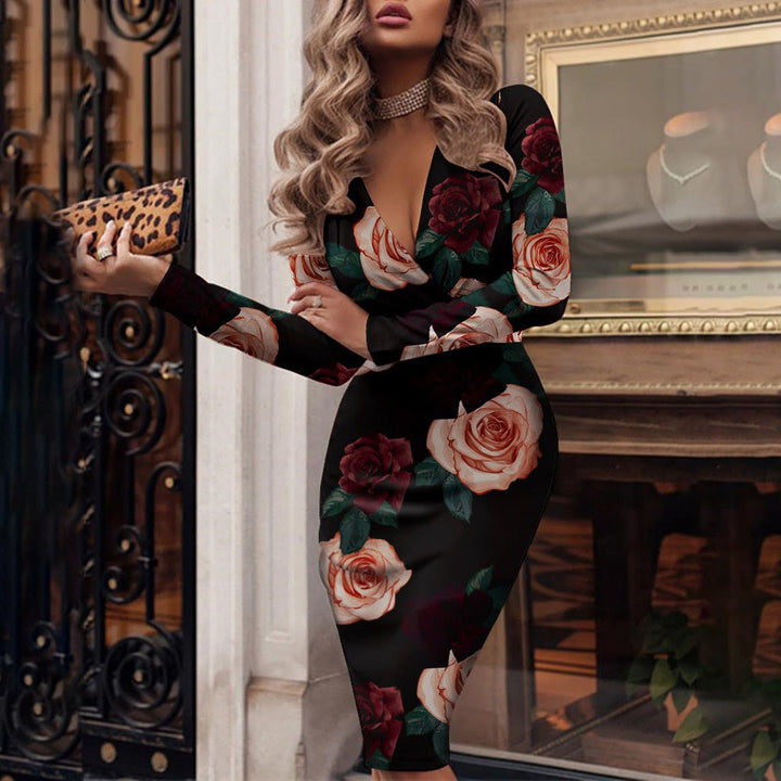 Women's Bodycon Dress with V-Neck | Long Sleeve