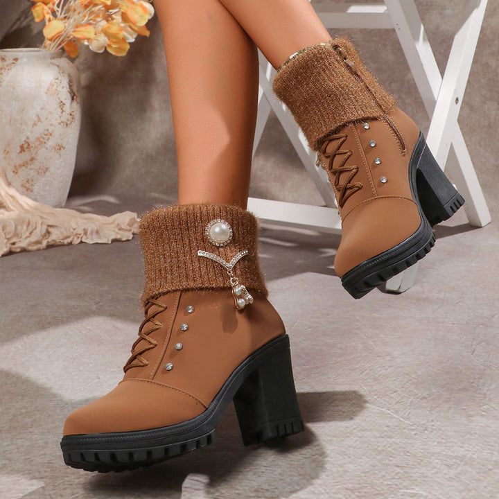Women's Brown Ankle Boots with Knit Cuff | Block Heel