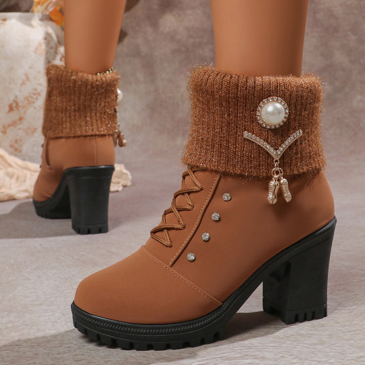 Women's Brown Ankle Boots with Knit Cuff | Block Heel