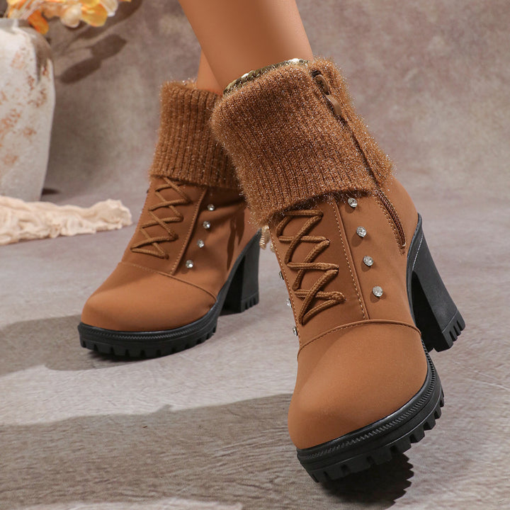 Women's Brown Ankle Boots with Knit Cuff | Block Heel