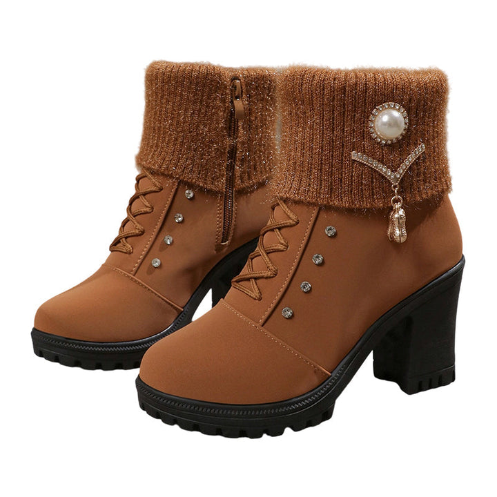 Women's Brown Ankle Boots with Knit Cuff | Block Heel