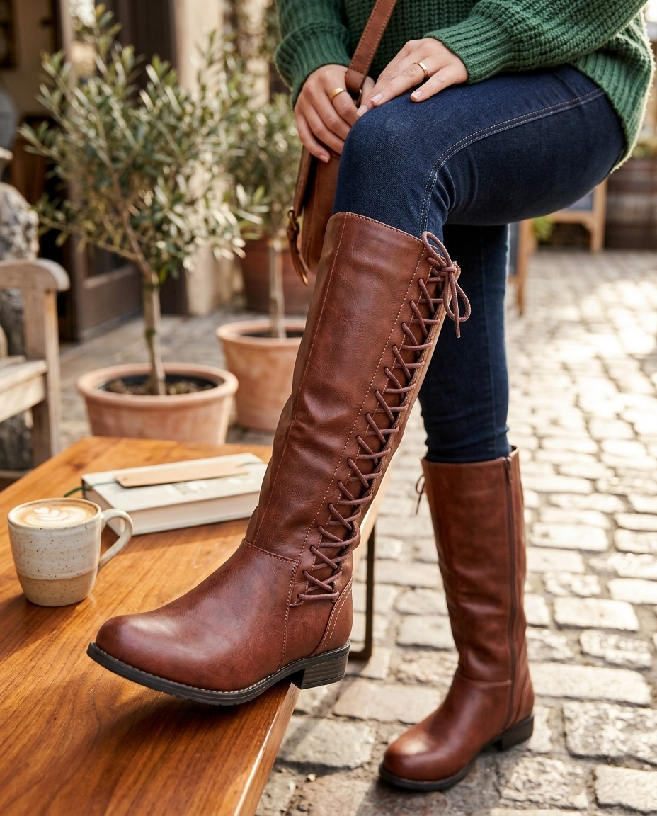 Women's Brown Boots Lace-Up & Side Zip | Knee-High