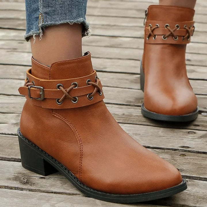 Women's Brown Boots with Buckle Strap & Side Zip | Ankle