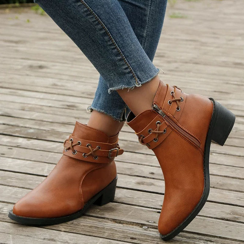 Women's Brown Boots with Buckle Strap & Side Zip | Ankle