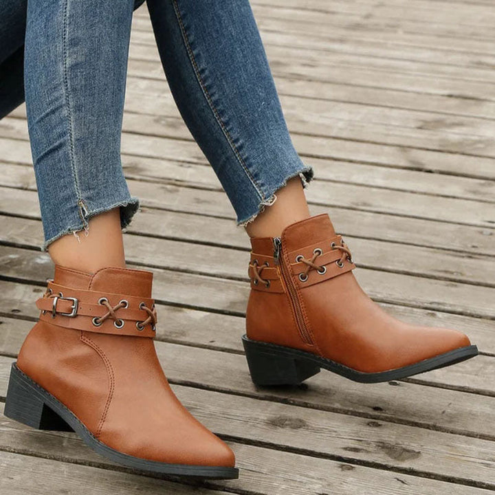 Women's Brown Boots with Buckle Strap & Side Zip | Ankle