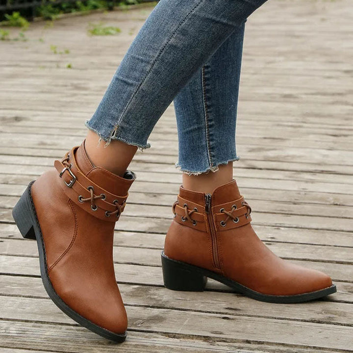 Women's Brown Boots with Buckle Strap & Side Zip | Ankle