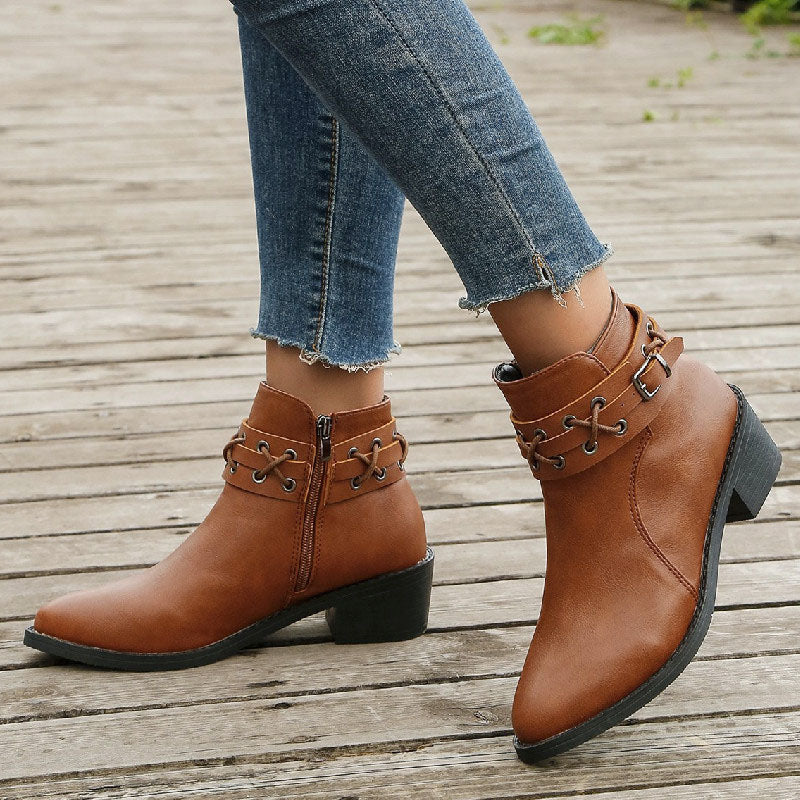 Women's Brown Boots with Buckle Strap & Side Zip | Ankle