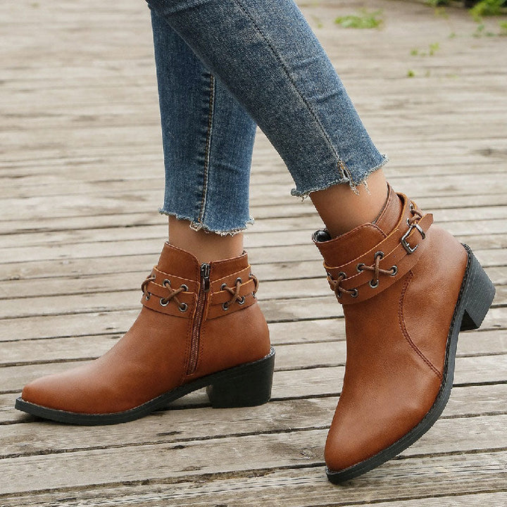 Women's Brown Boots with Buckle Strap & Side Zip | Ankle