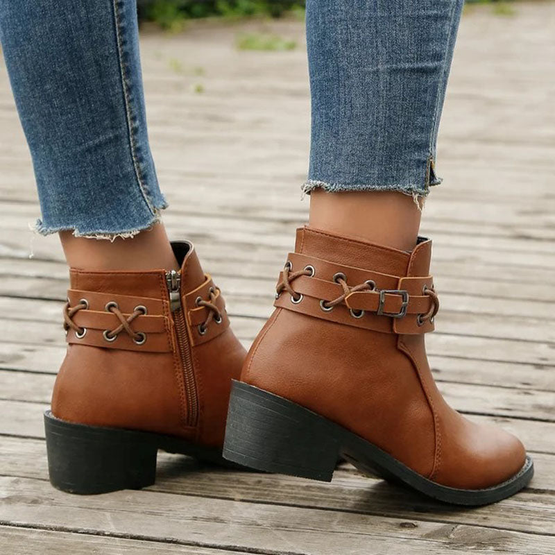 Women's Brown Boots with Buckle Strap & Side Zip | Ankle