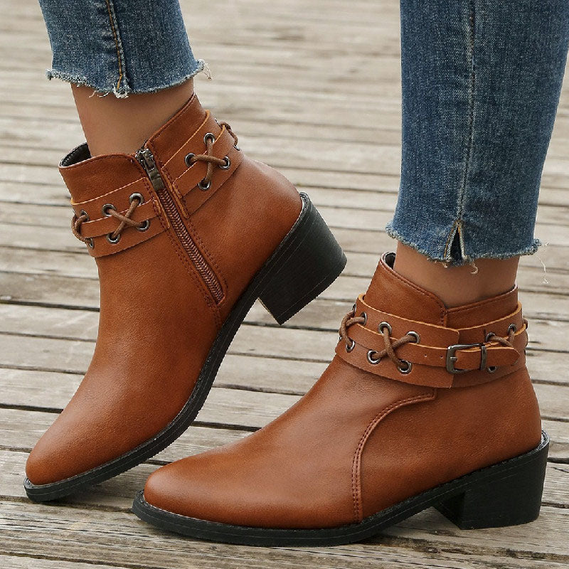 Women's Brown Boots with Buckle Strap & Side Zip | Ankle