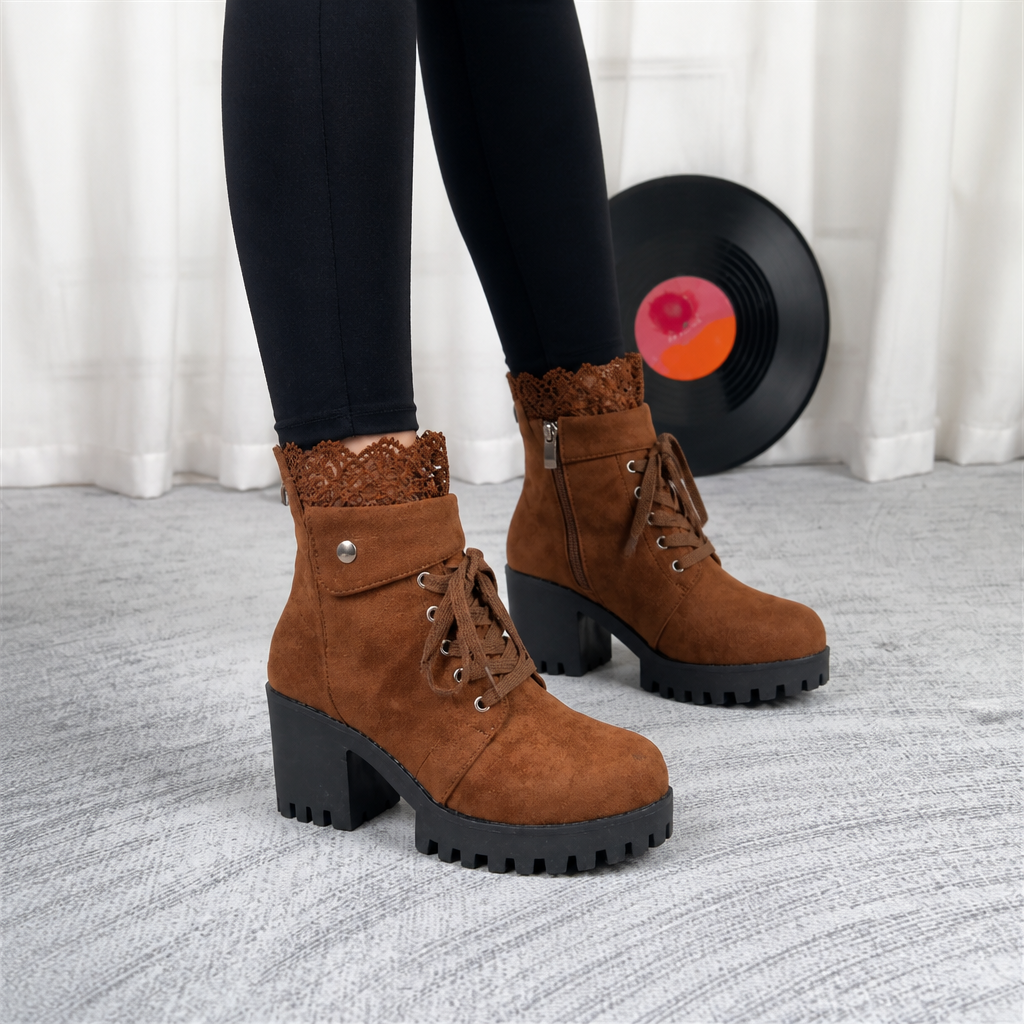 Women’s Brown Boots with Lace Up Front | Block Heel
